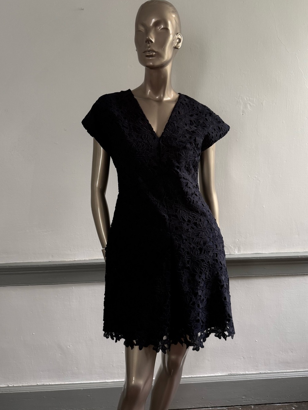 Banana Republic Navy Floral Lace Fit & Flare Dress Size 6 Pockets V-Neck